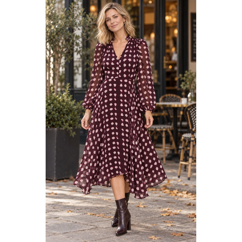 Mint Velvet Burgundy Abstract Dot Midi Dress Size US 2 Handkerchief Hem Boho